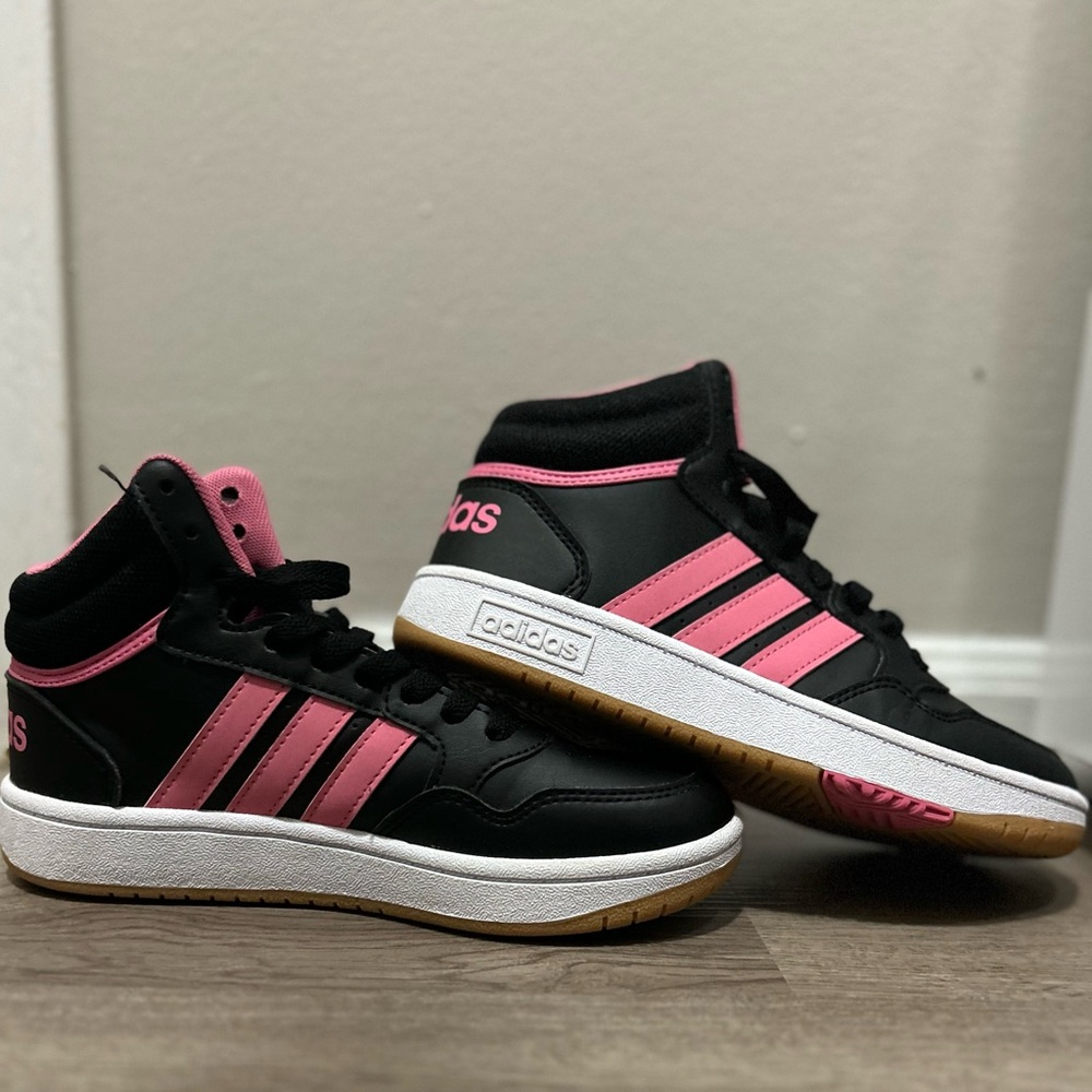 Black and Pink Adidas High Tops